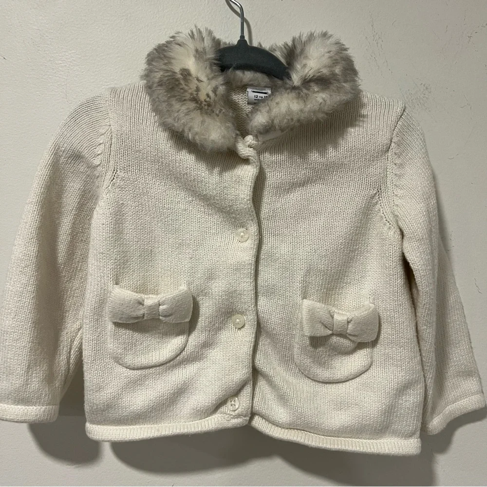 Janie & Jack Baby Girl Faux Fur Collar Cardigan Ivory White Bow Pocket 12-18m